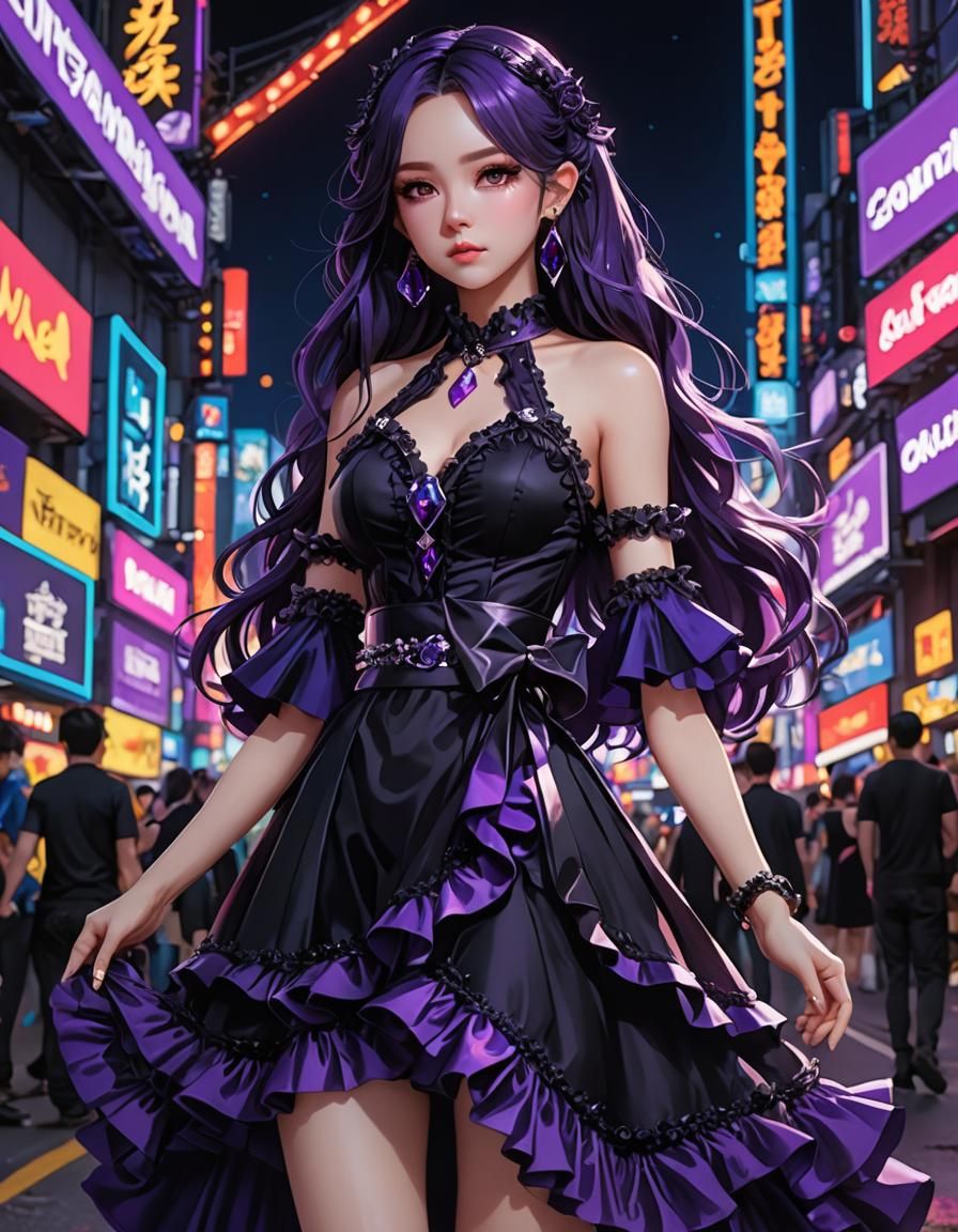 Royal Purple Gothic Dress in Neon Lights