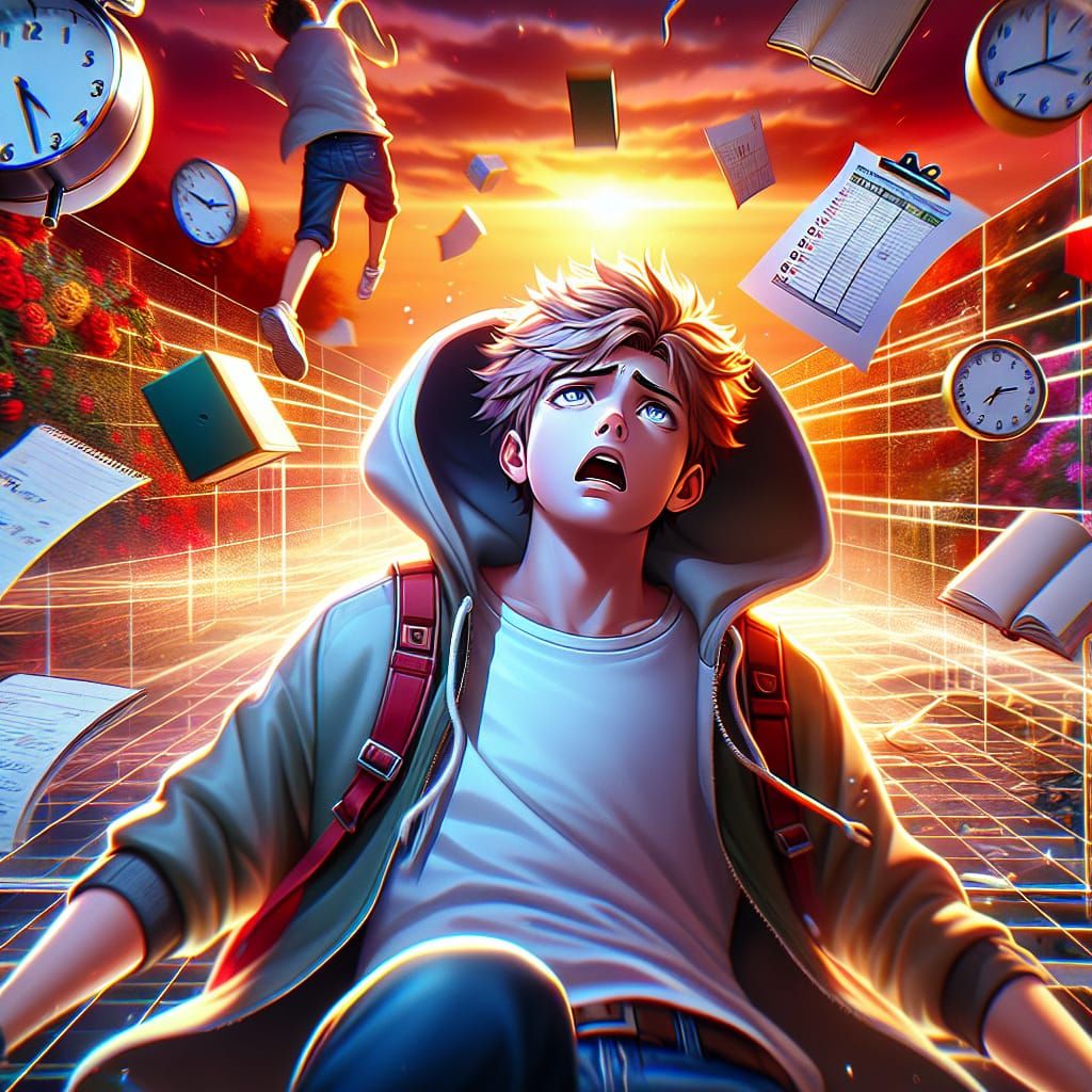 Anime Boy Overwhelmed by Time, Dramatic Lighting