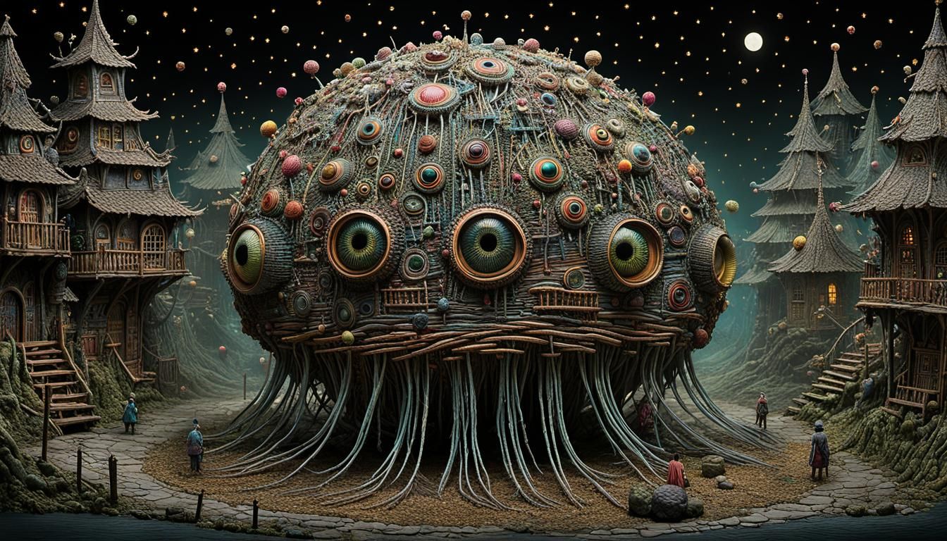 Whimsical Villagecore Beholder Sculpture in Xylography