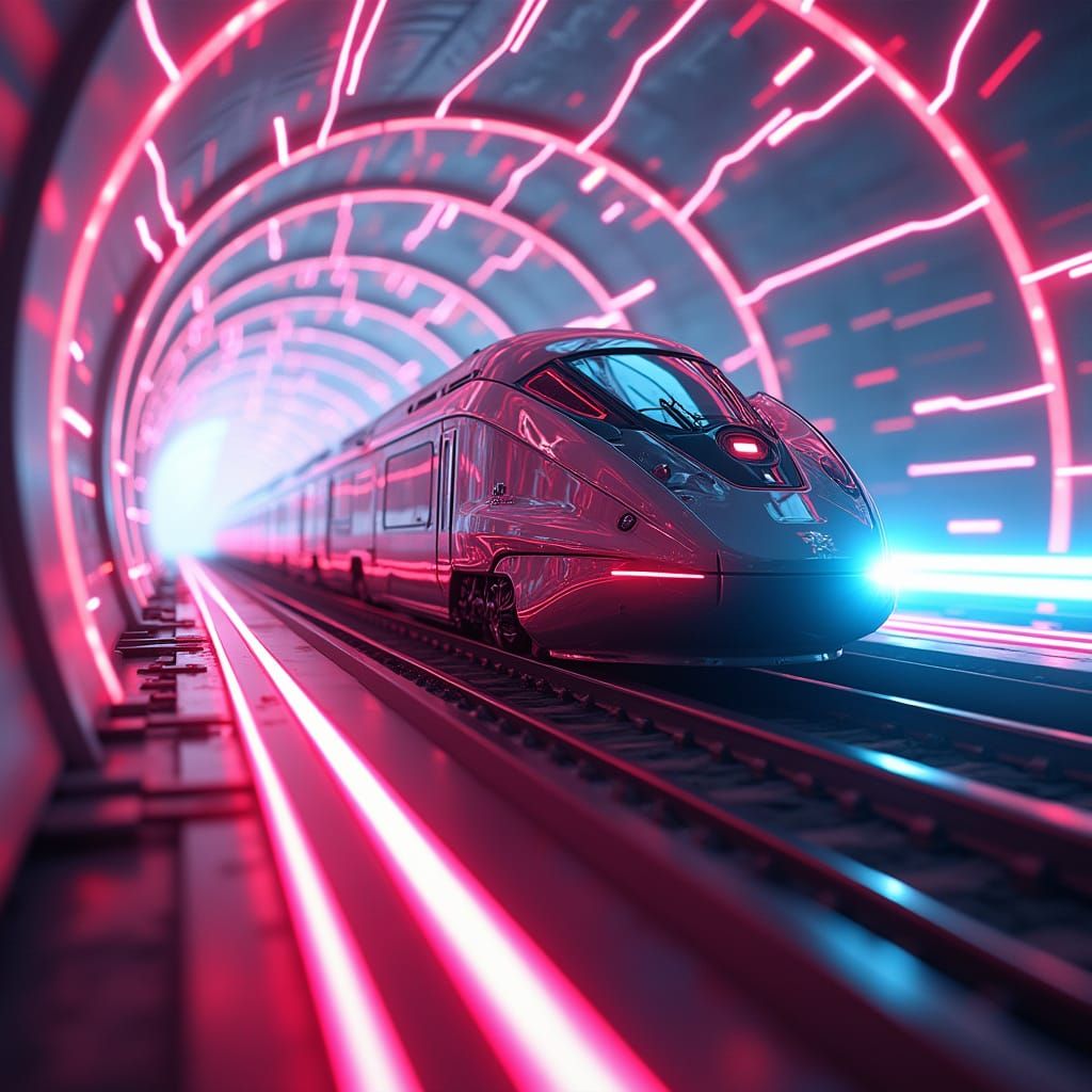 Sleek Futuristic Train Blasts Through Neon-Lit Energy Tunnel