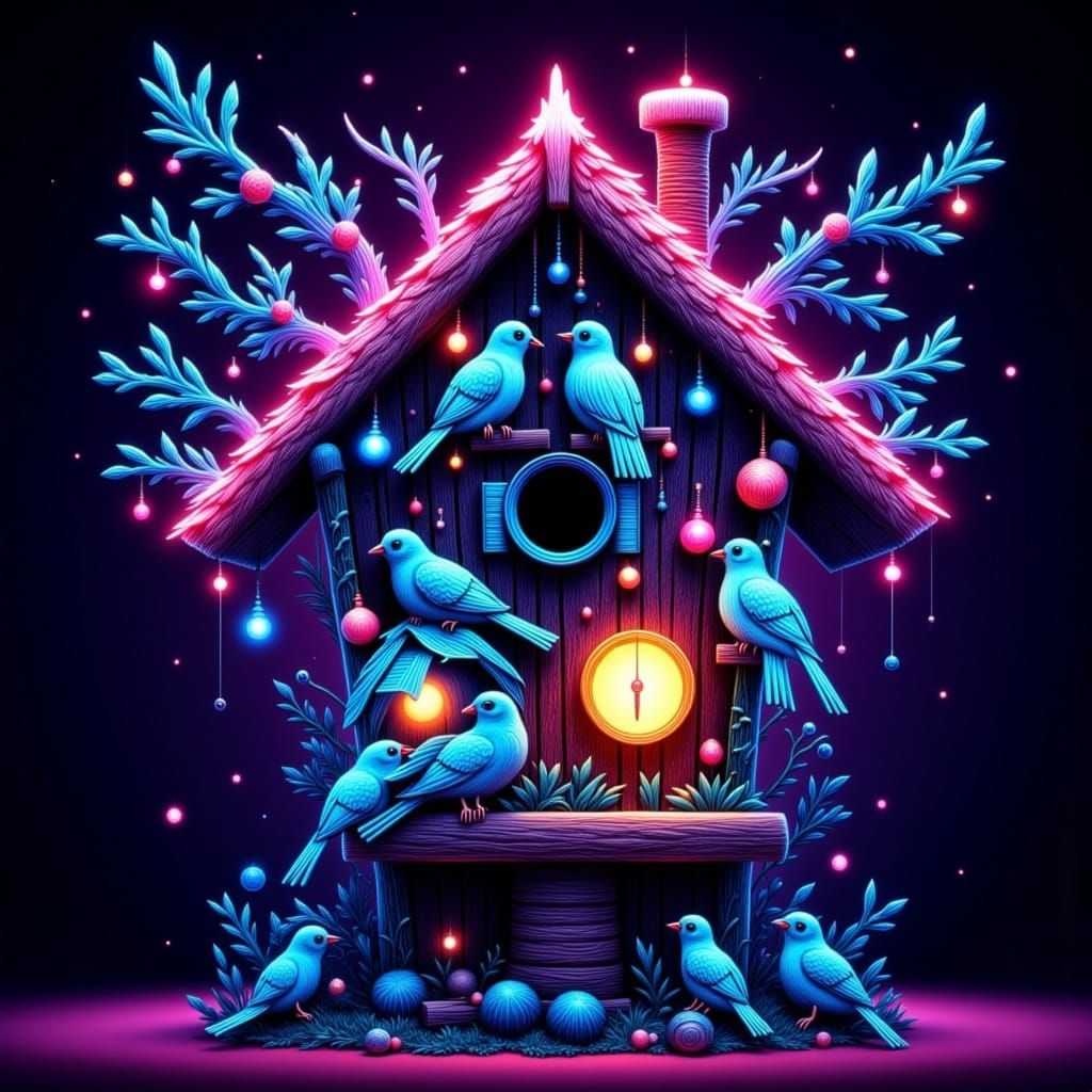 Neon Birdhouse with Bluebirds in a Futuristic Style