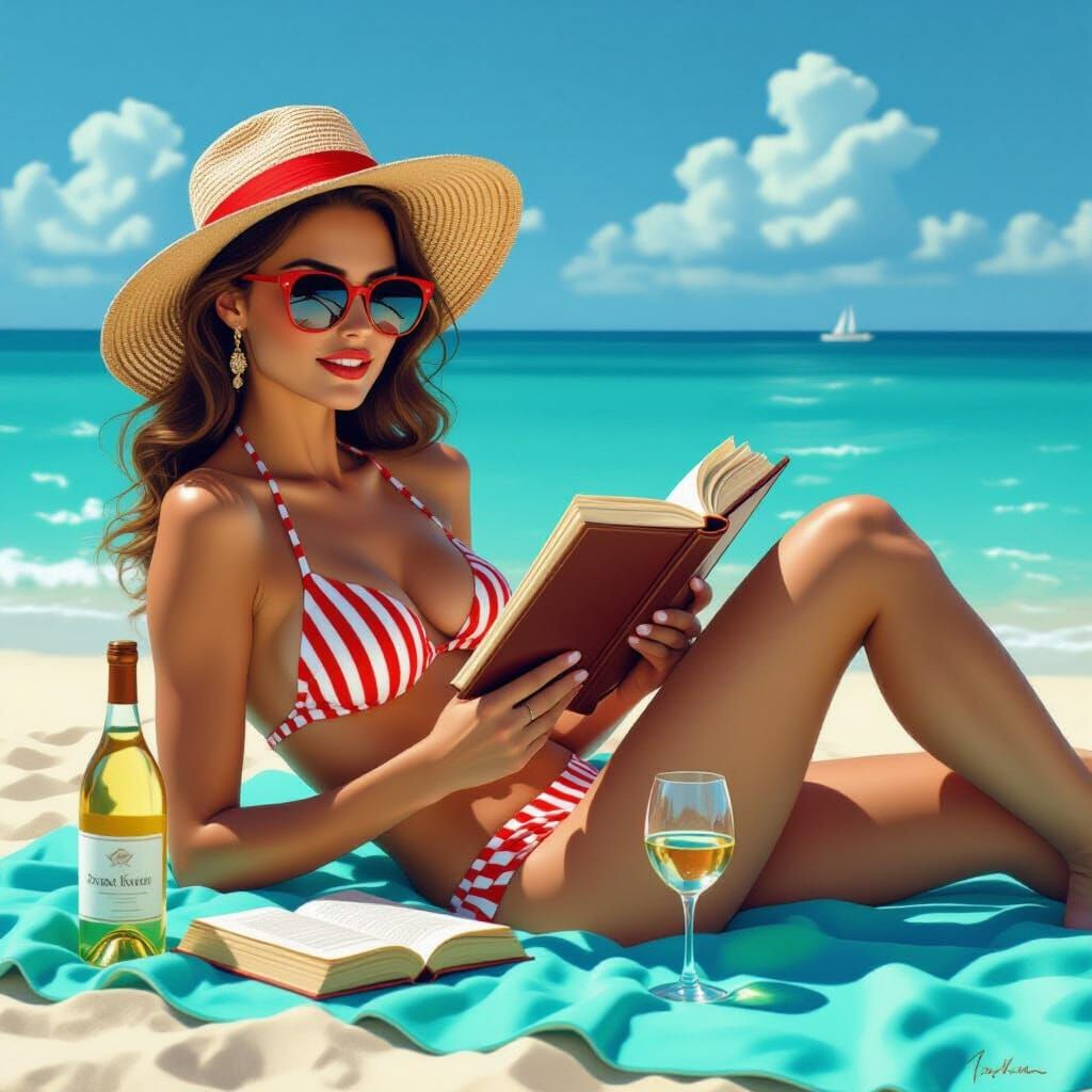 Serene Beach Scene: Woman Reading in Photorealistic Style