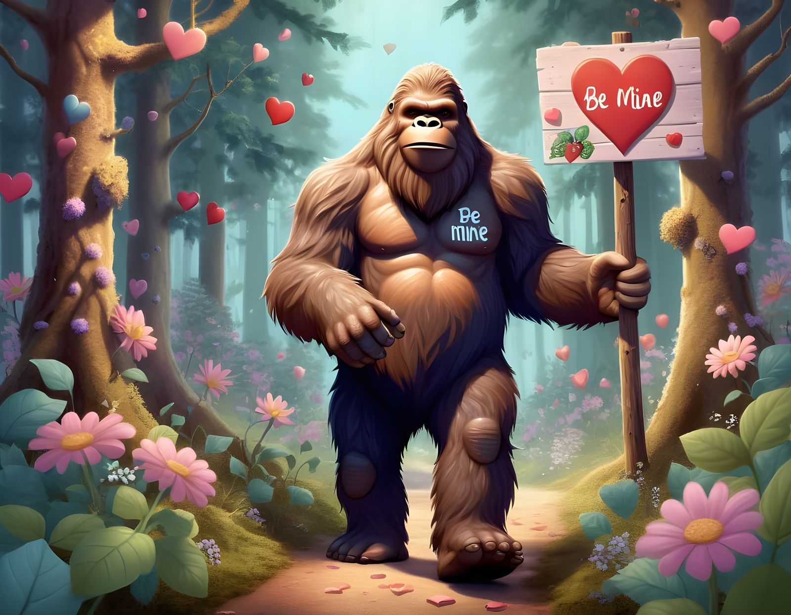 Bigfoot in Love with Hearts in the Forest