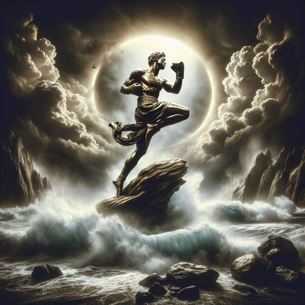 Bronze Boxer Statue Rising from Stormy Sea