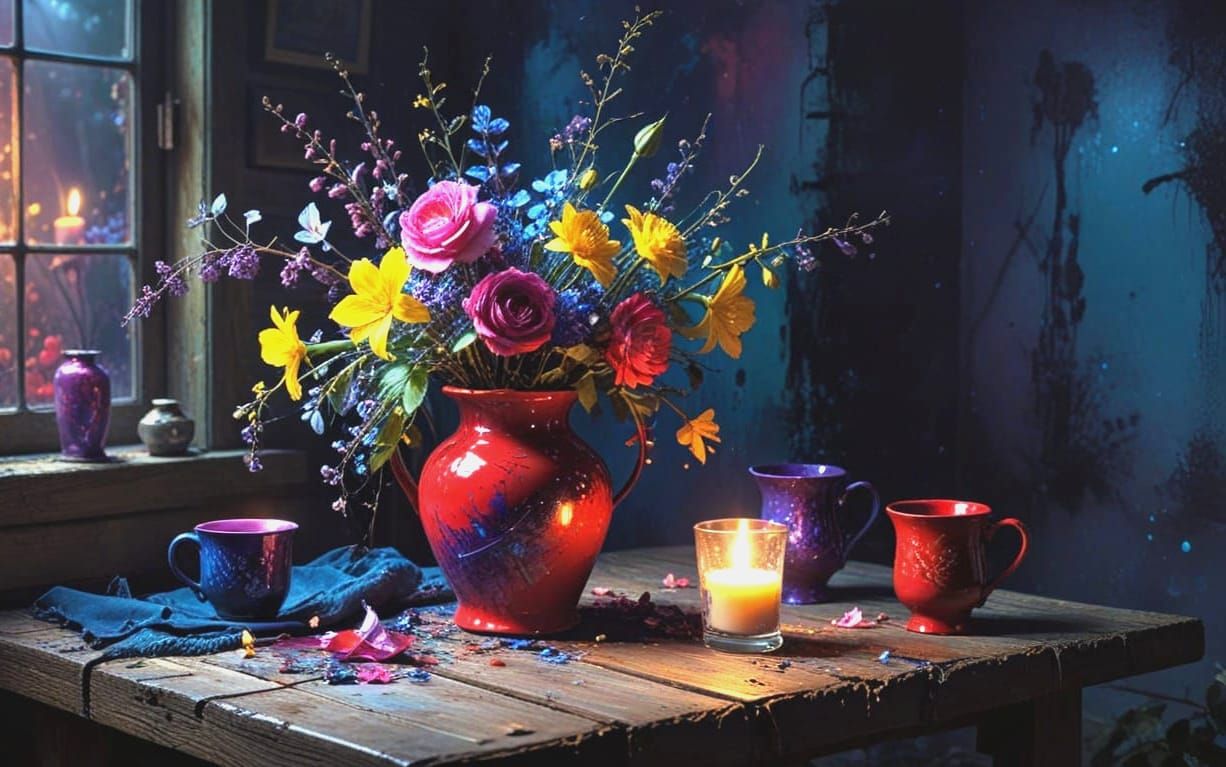 Red Vase in Smudge Grunge Style with Flowers and Candles