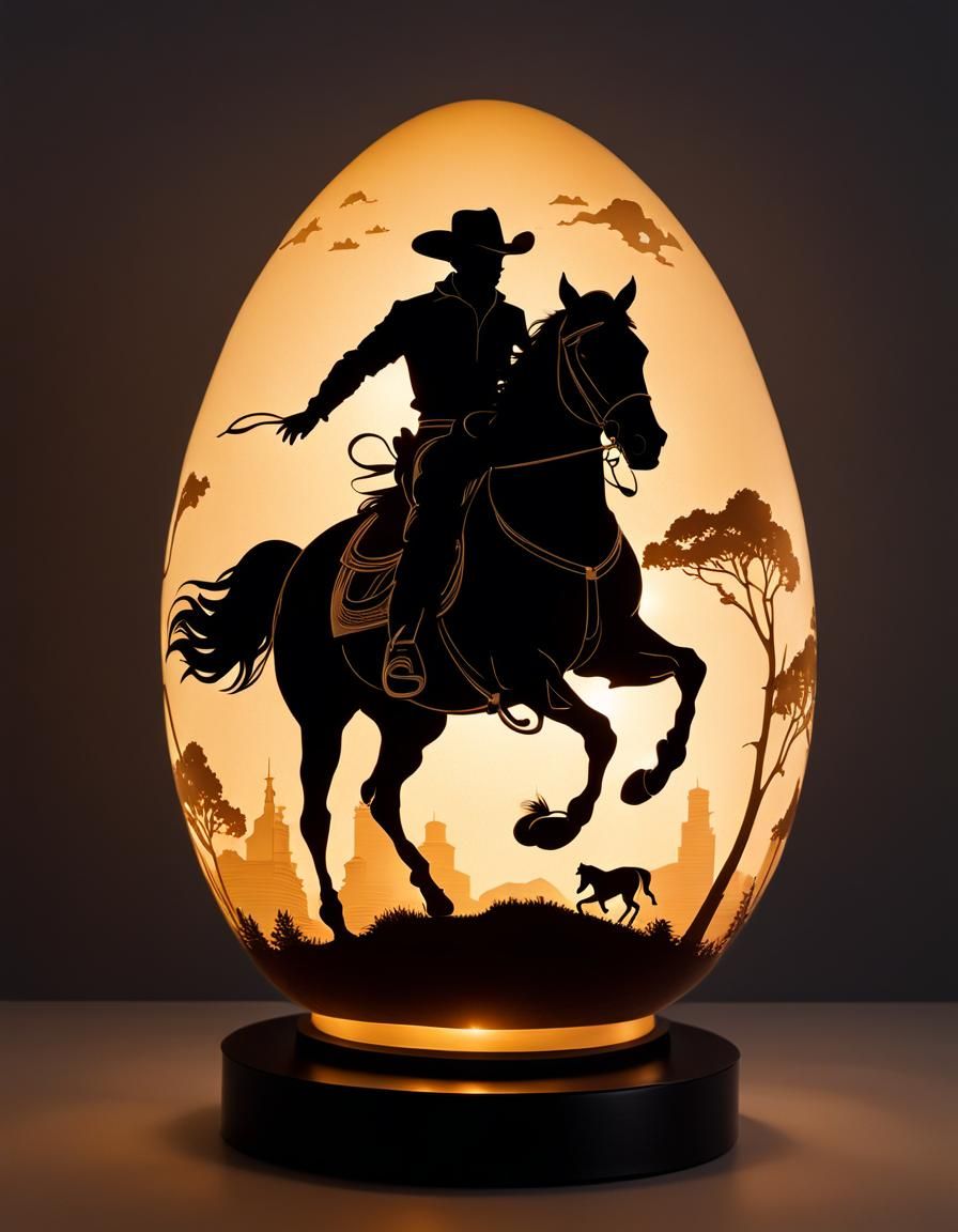 Cowboy Silhouette Inside Glass Egg Art Object