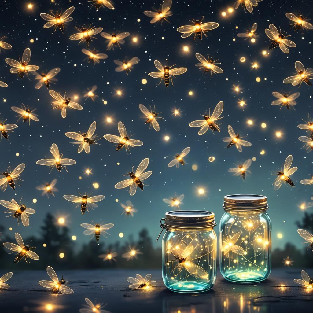 beautiful glass glowing sparkly fireflies in a jar in front ...