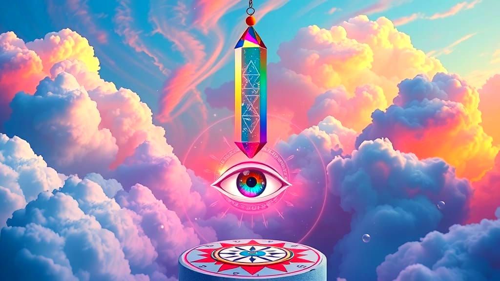 Dreamy Cosmic Pendulum Scene with Rainbow Fractals and Ether...