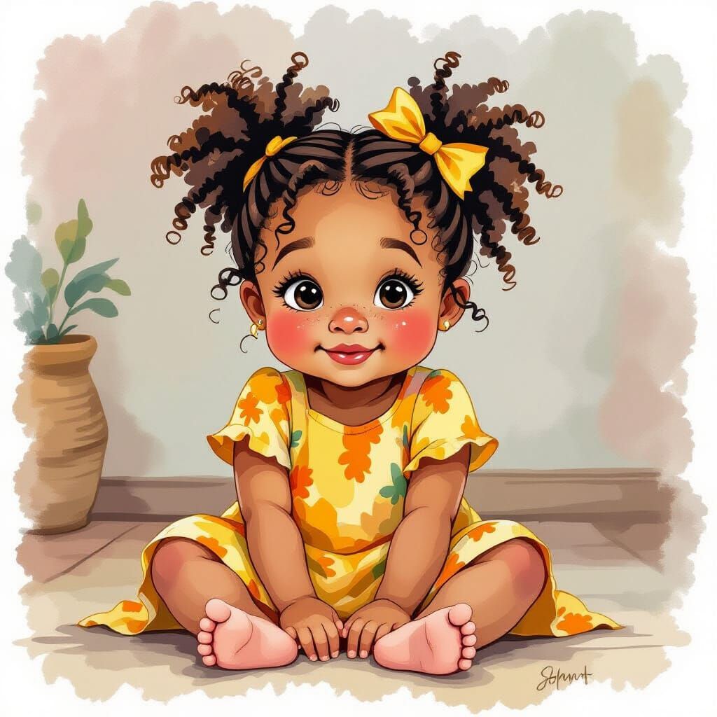 Chubby Girl Wiggling Toes in Watercolor Style