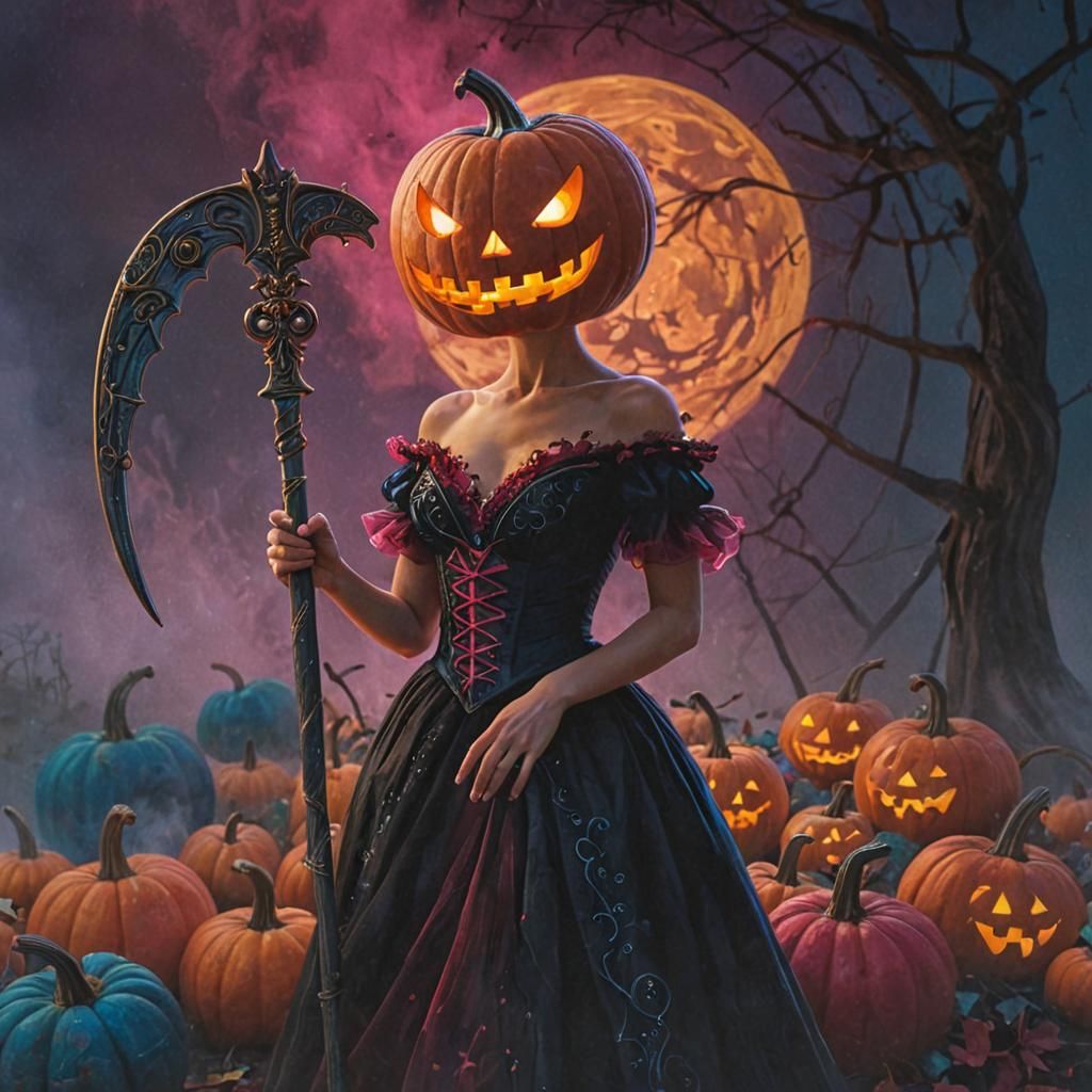 Candy Style Woman with Jack-o-Lantern Head
