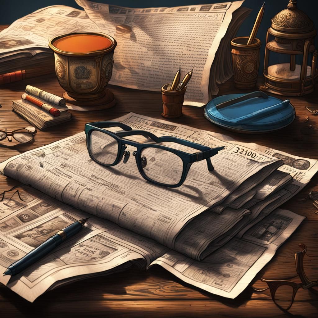 Table with Pen, Eyeglasses, and Newspaper: Detailed Matte Pa...
