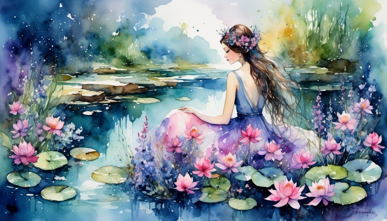 Lovely Nymph with Floral Wreath in Watercolor Style