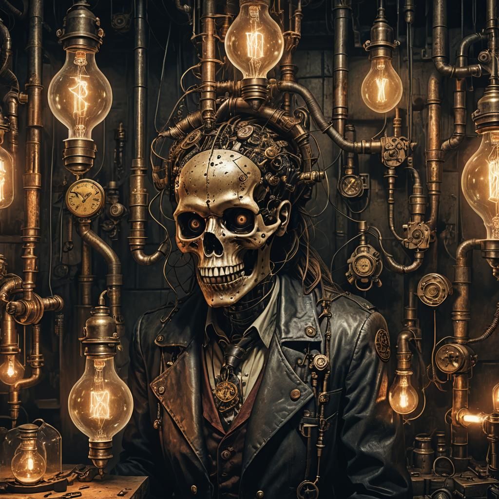 Steampunk Skull Experiment in Dark Medical Lab