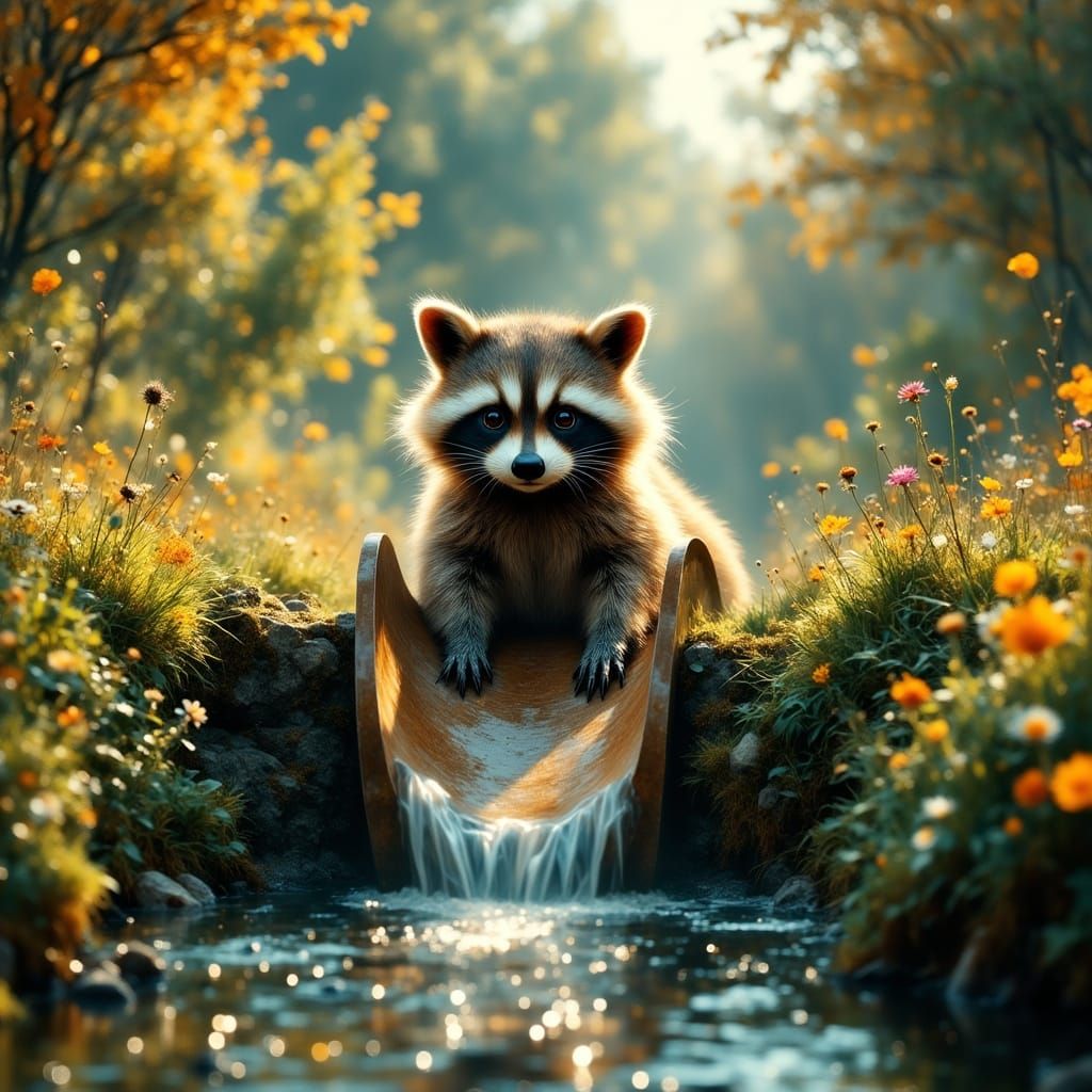 Surreal River Raccoon Descends in Vibrant Matte Painting