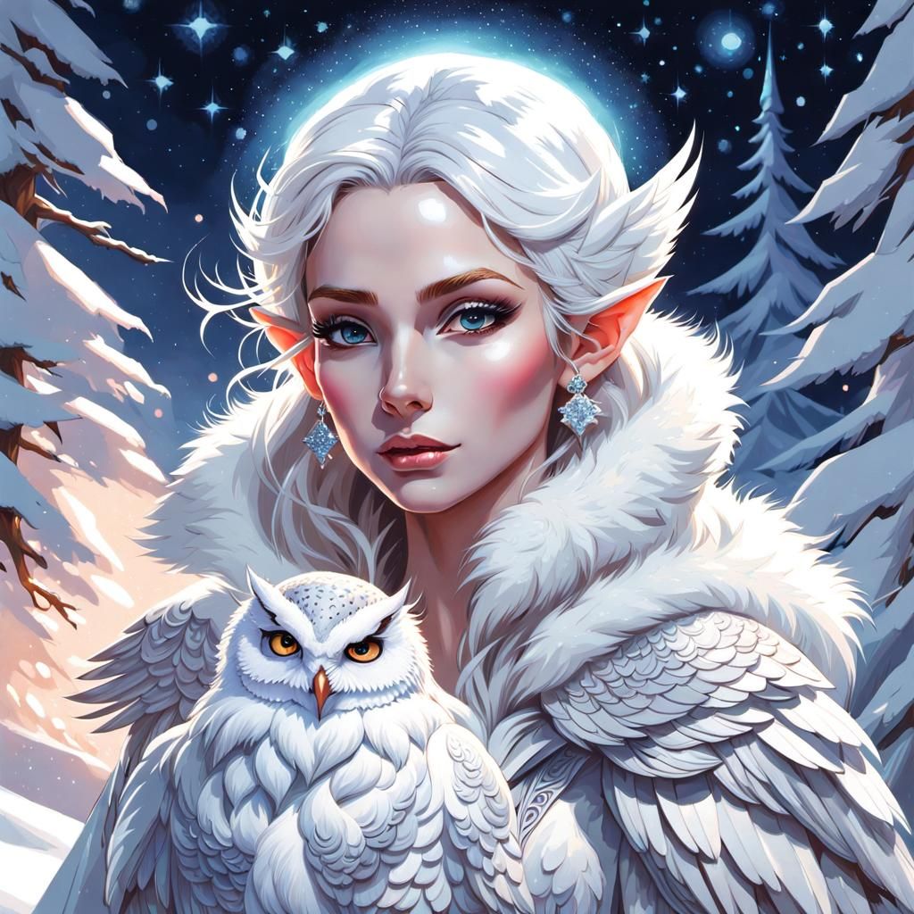 Crystalline Elf Portrait with Snowy Owl in Digital Art