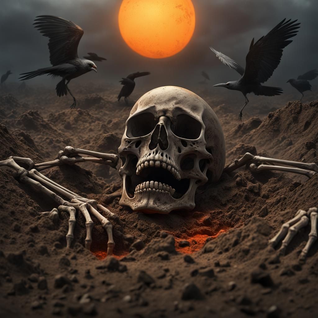 Skeleton, Crows, and Orange Sun in Digital Painting