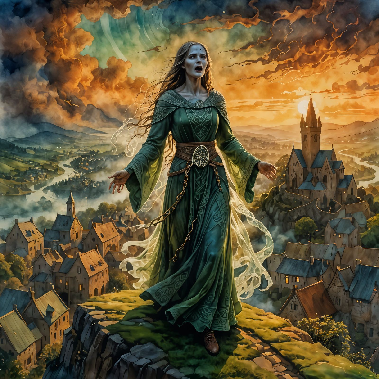 Mythical Celtic Banshee Screaming Over Village