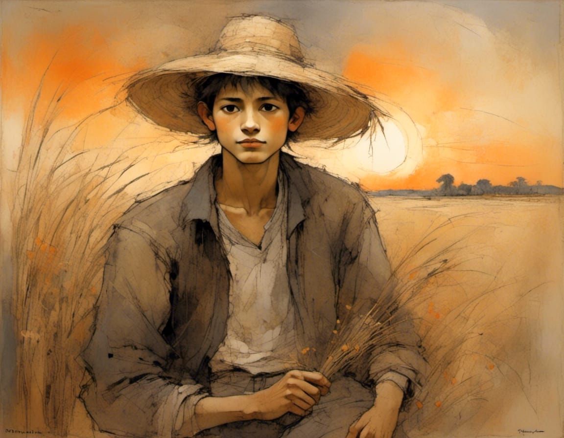 Young Man in Straw Hat at Sunset