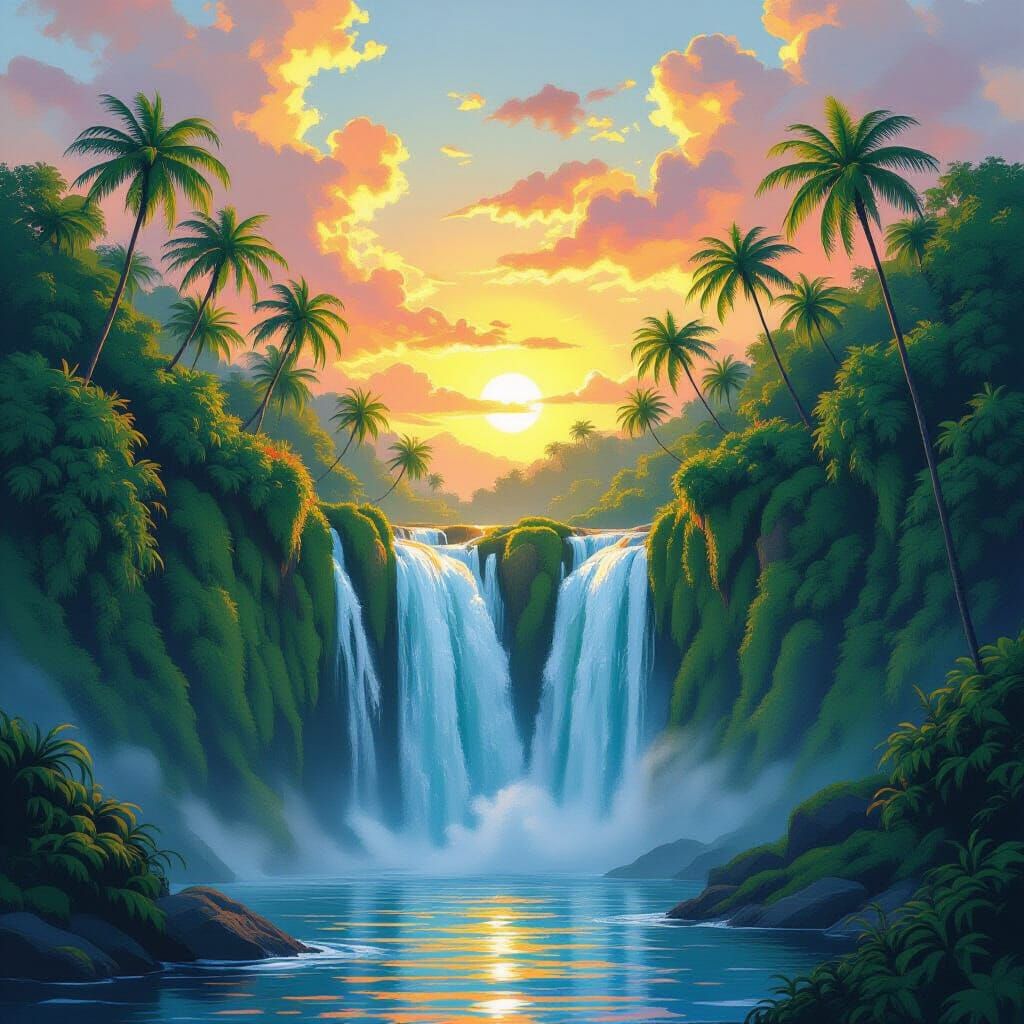 Rainbow Waterfall Sunset in Romanticism Style