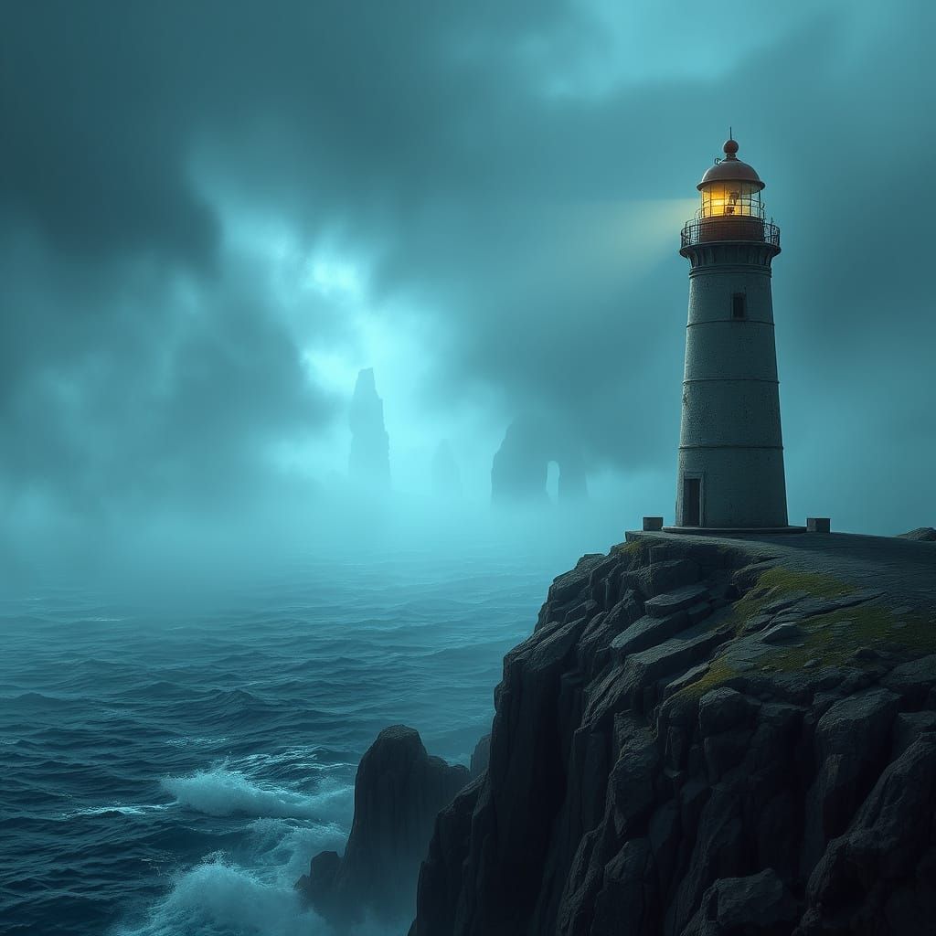Solitary Lighthouse on Jagged Cliff Overlooking Stormy Sea