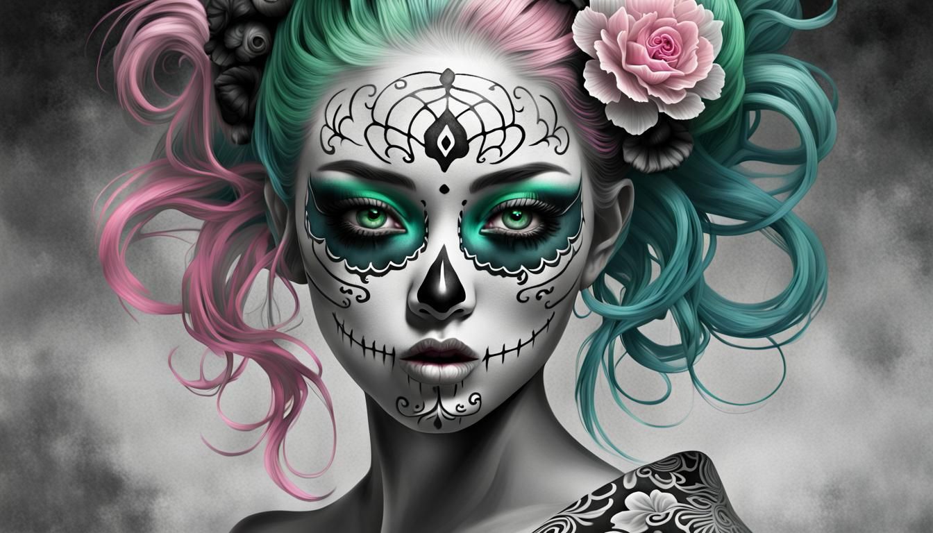 Kabuki Sugar Skull Portrait in Grayscale