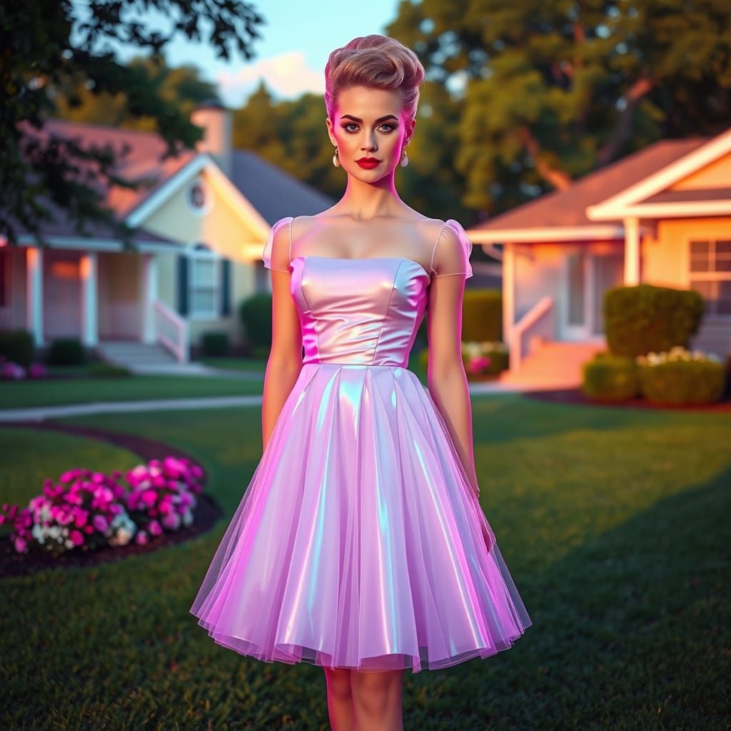 Mid-Century Housewife in Iridescent Tulle and Neon Glow