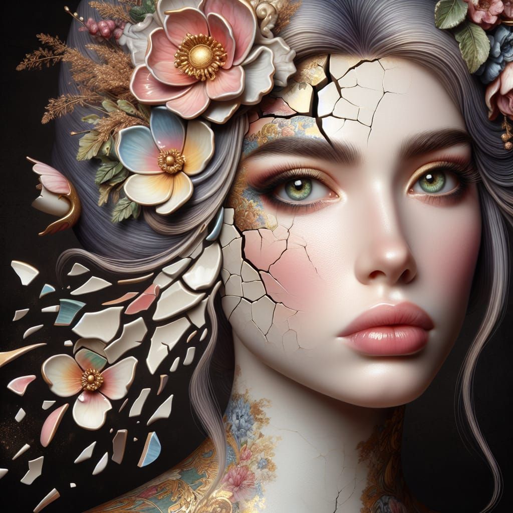 Porcelain Doll Kintsugi Portrait in Pastel Hues