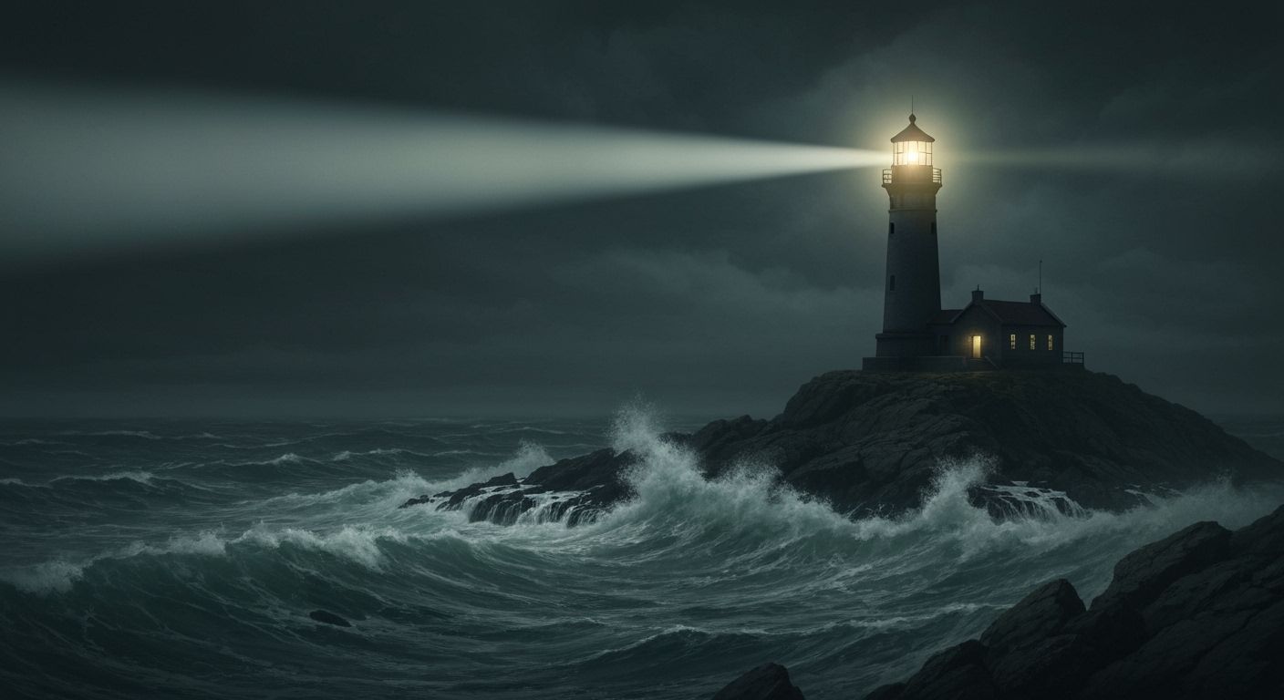 Stormy Lighthouse Beam on Rocky Outcrop