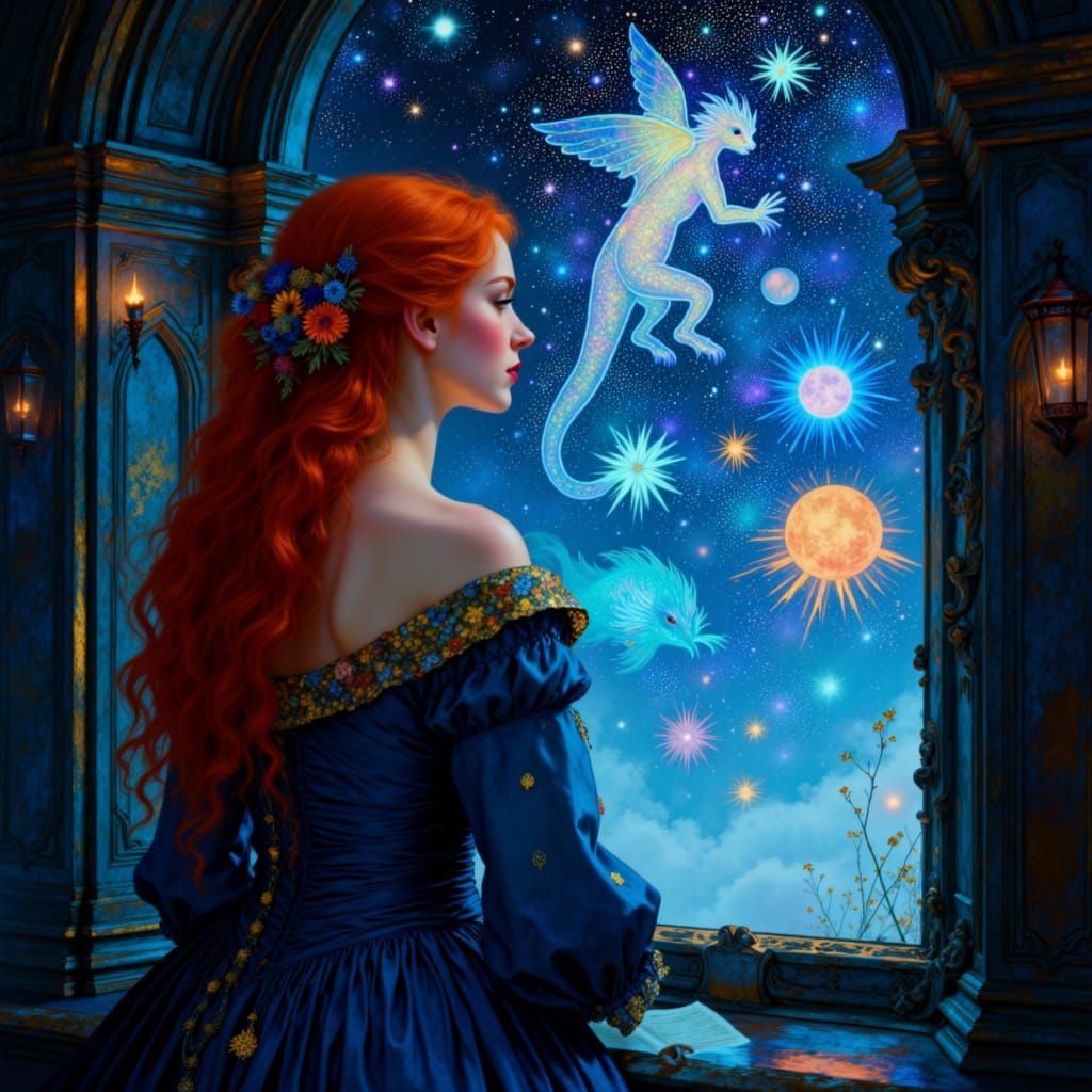 Redhaired Tsarina Gazes at Bioluminescent Sky