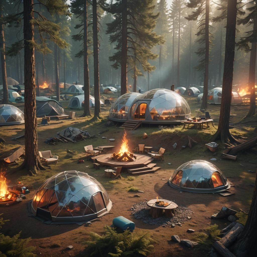 Futuristic Forest Campsite with Plexiglass Domes