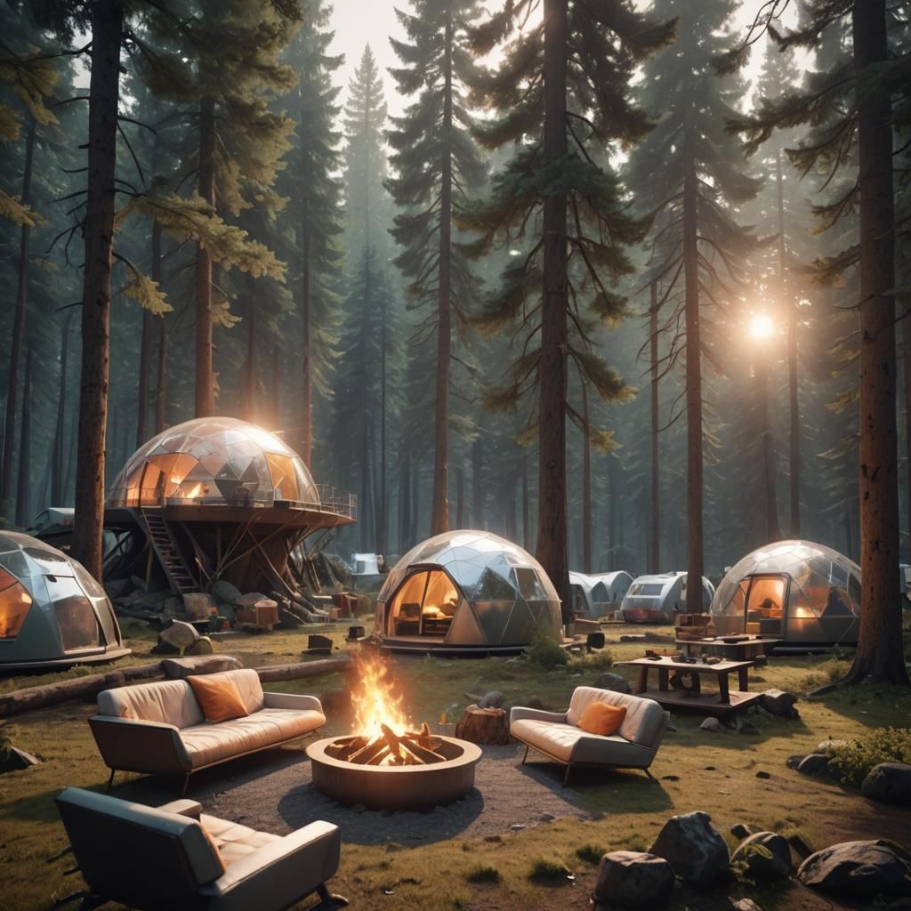 Futuristic Forest Campsite with Plexiglass Domes