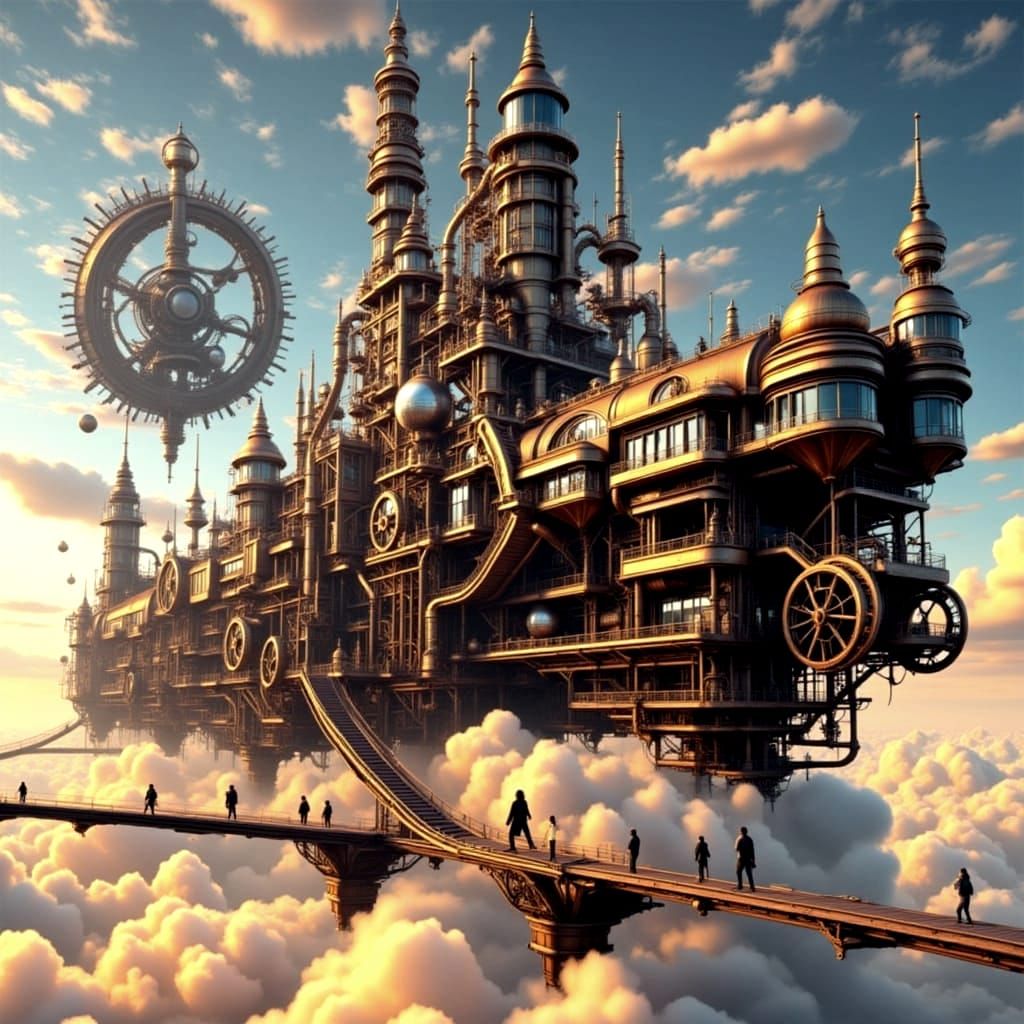 Steampunk Floating City at Sunset