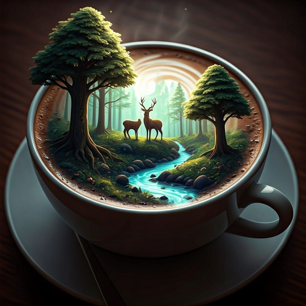 Latte Art: Whimsical Forest in Coffee Cup