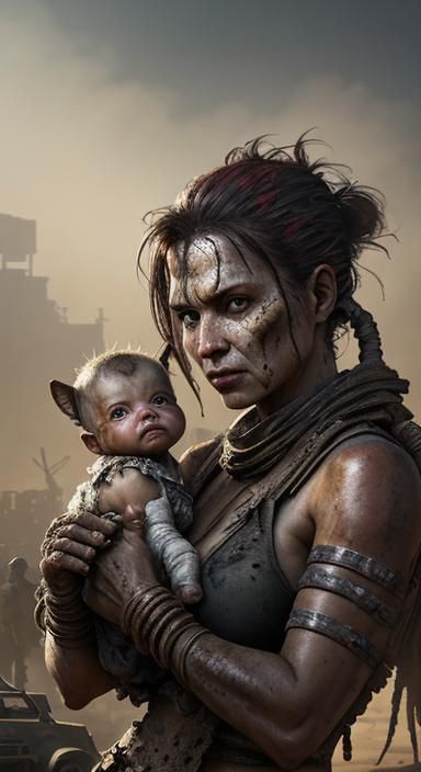 Post-Apocalyptic Flea Market: Hyperrealistic Mother and Chil...