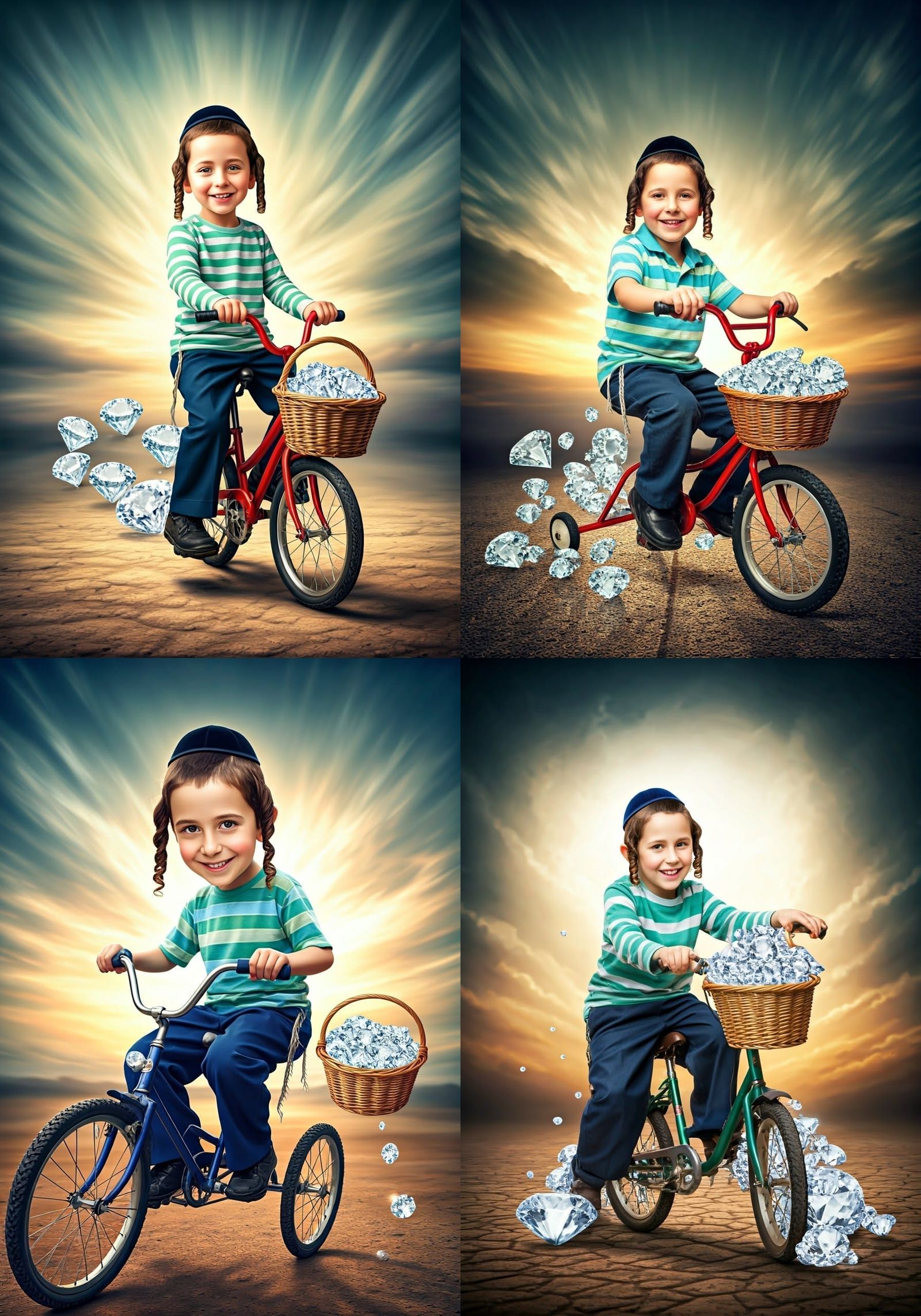 Traditional Haredi Boy Rides Bicycle in Enchanted Yard