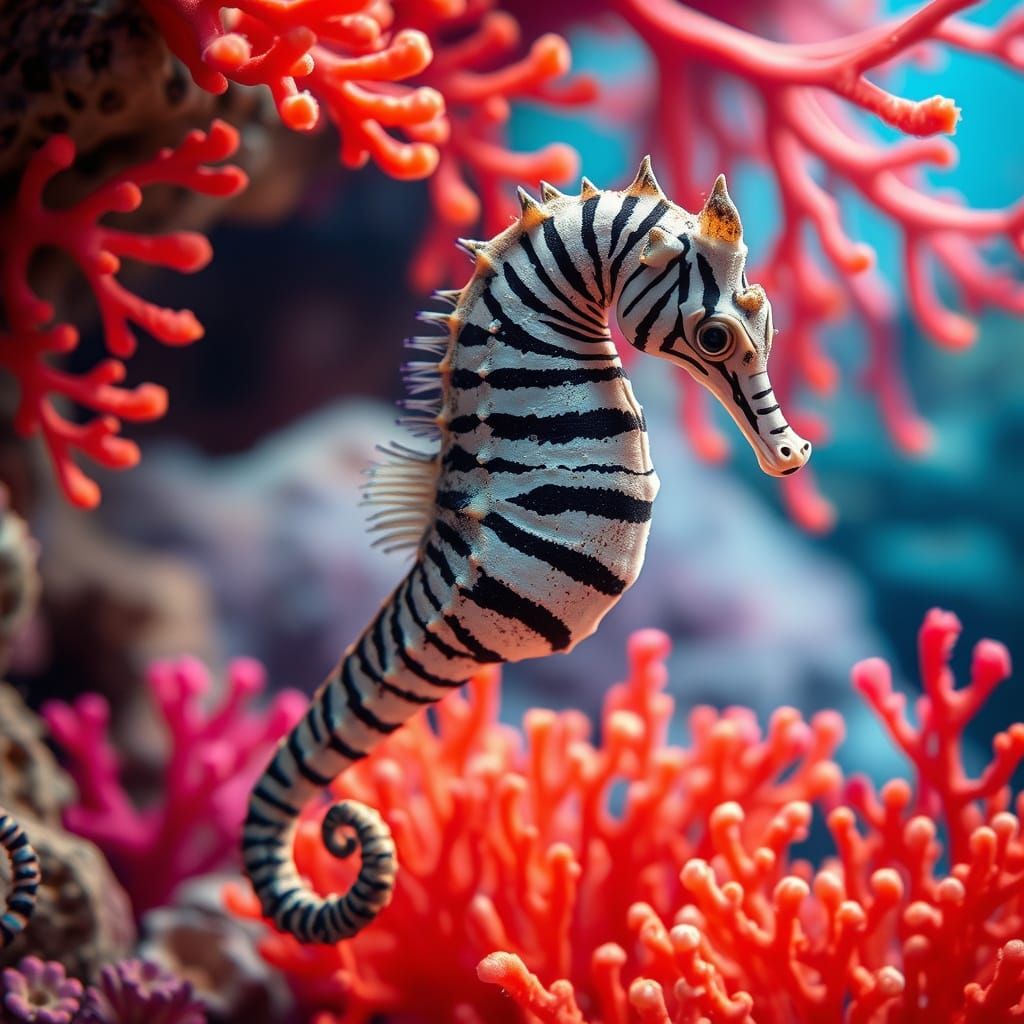 Zebra Seahorse Swimming in Coral Reef, Dreamy Art