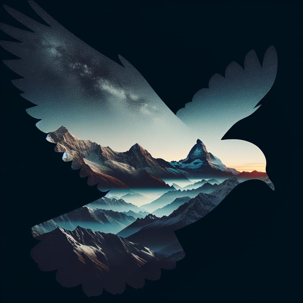 Flying Dove Silhouette Against Snow-Capped Mountains at Dawn