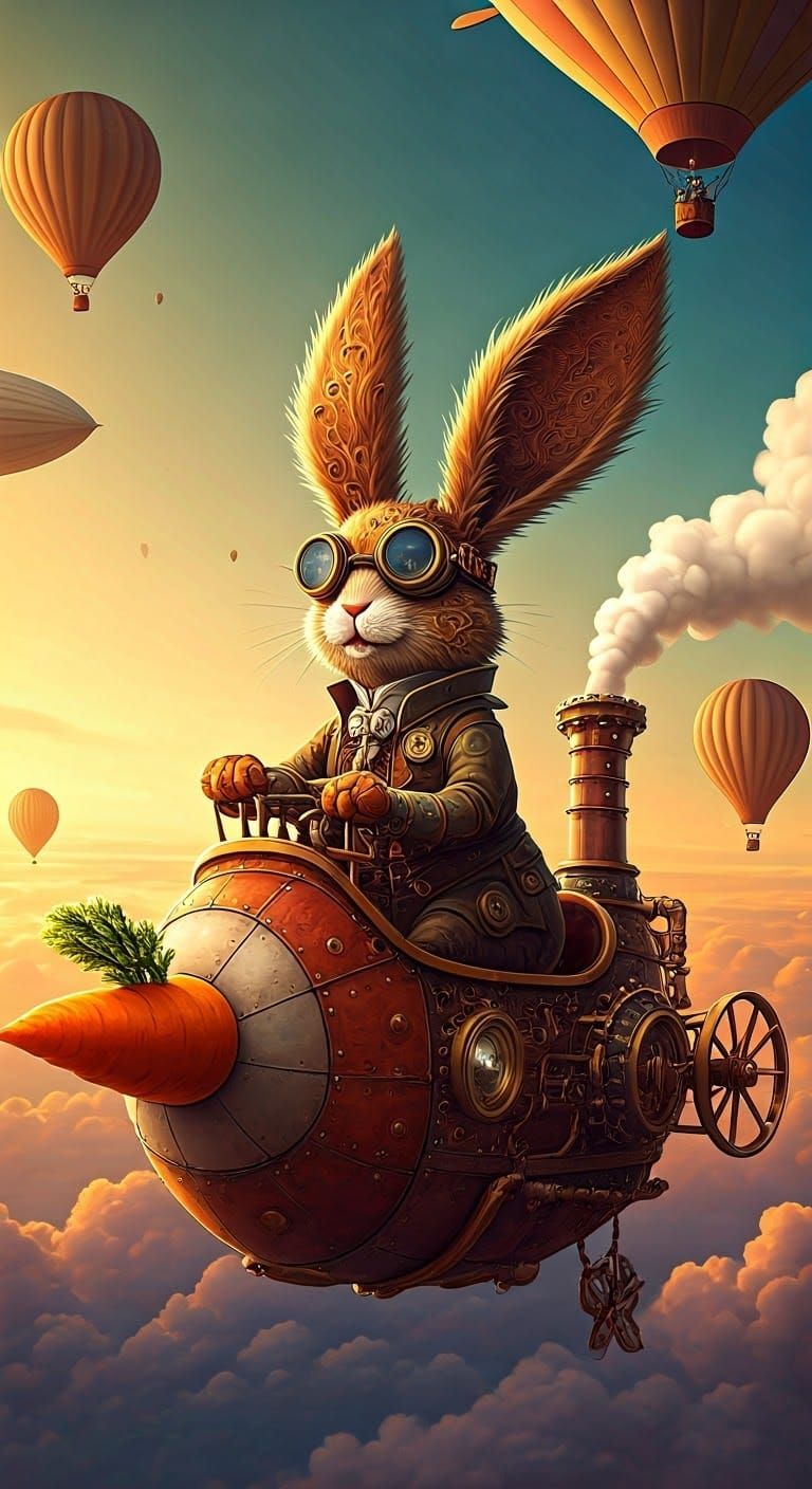 Steampunk Bunny Soars Through a Whimsical Sky