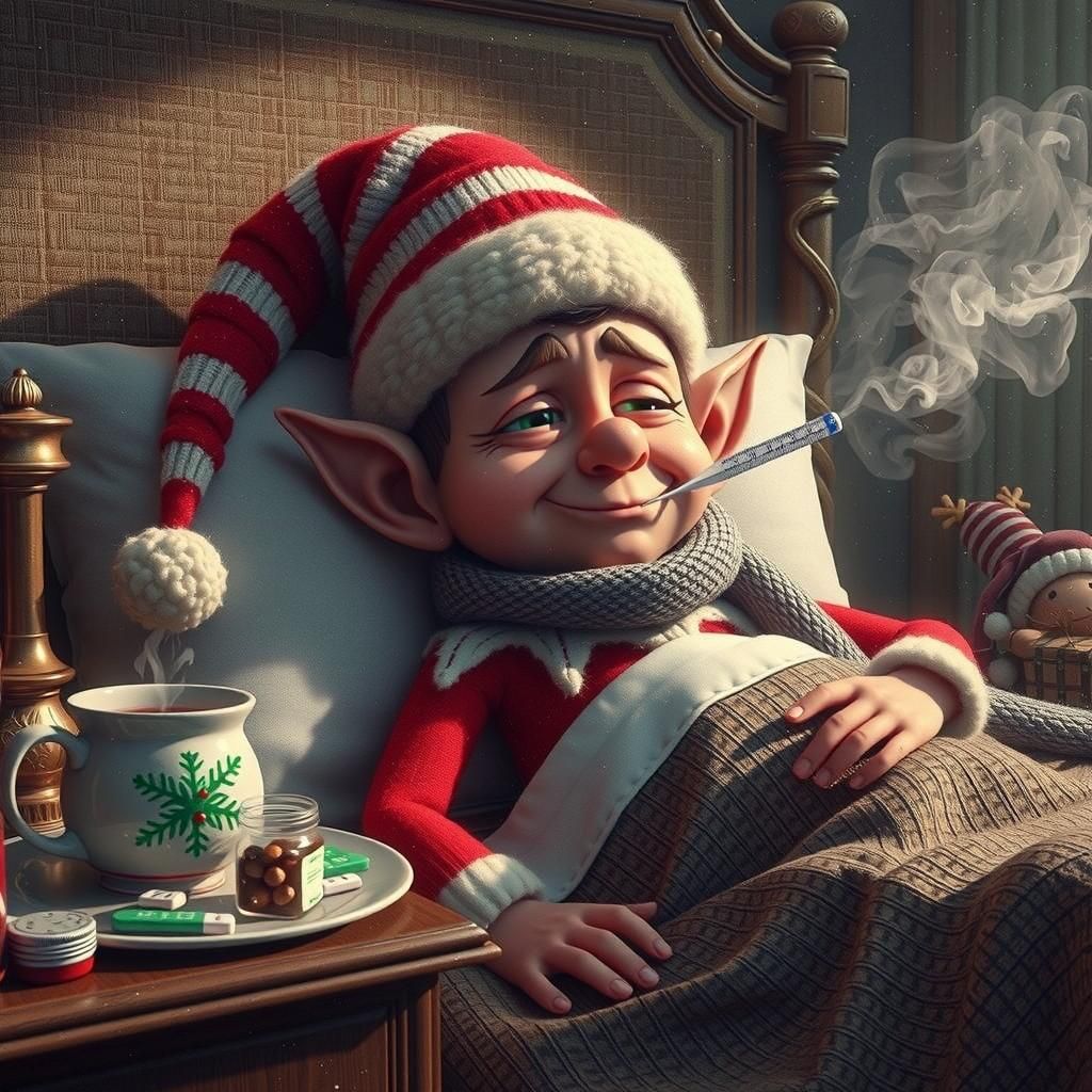 Sick Christmas Elf in Bed: Hyper-Realistic 4D Rendering