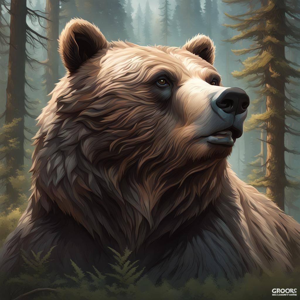 Grizzly Bear Portrait in Forest, Hyperdetailed Art