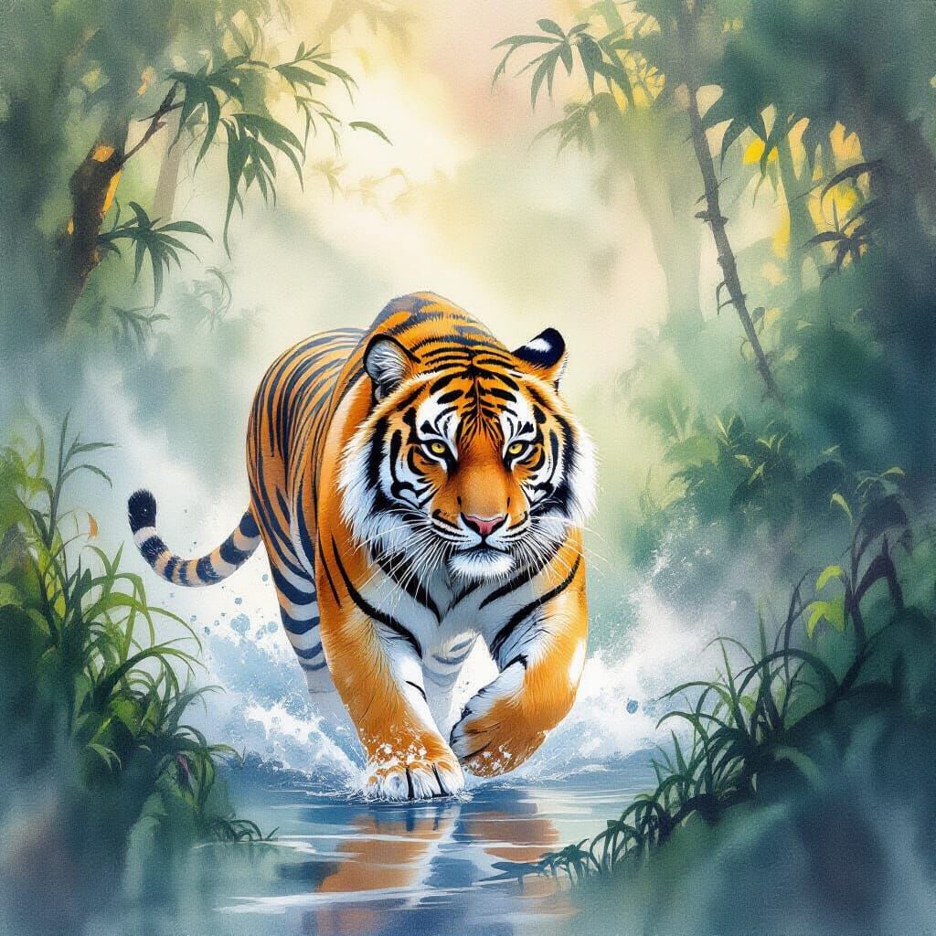 Tiger Prowls Jungle in Translucent Watercolor Layers