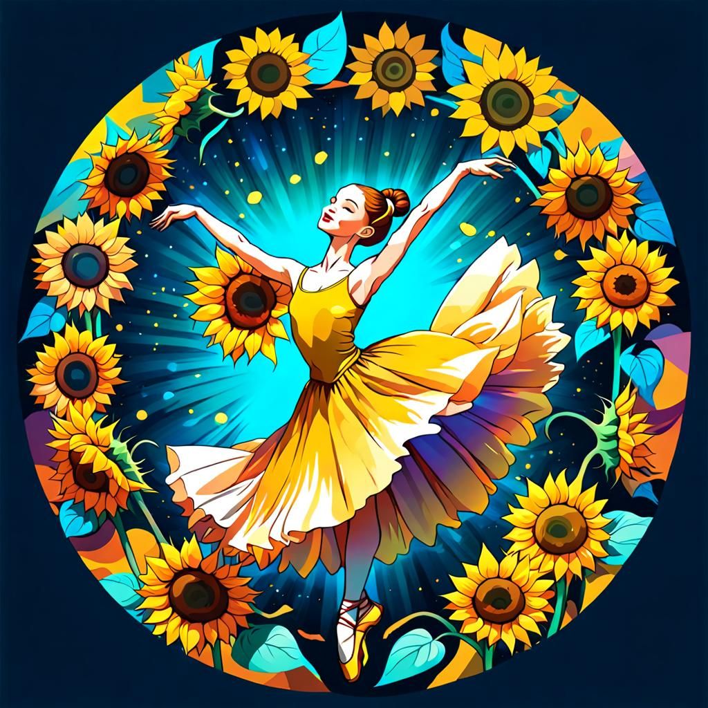 Ballerina Dances Before Sunflower in Muted Colors