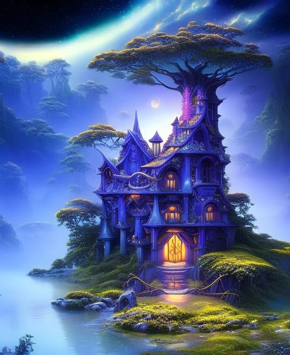 Fairytale Houses Under Starry Sky: Hyperrealistic Digital Ar...
