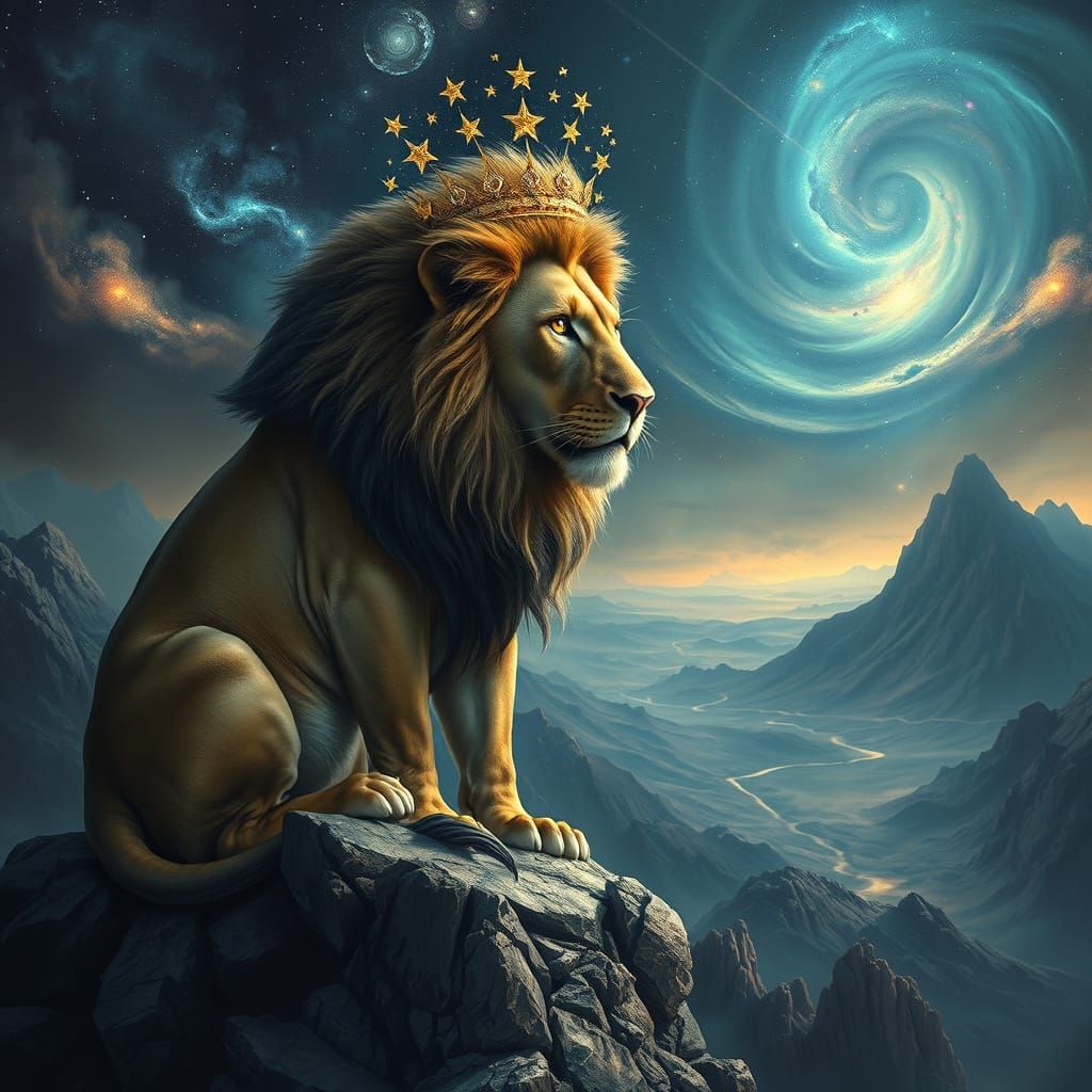 Lion in Star Crown Overlooks Alien Landscape