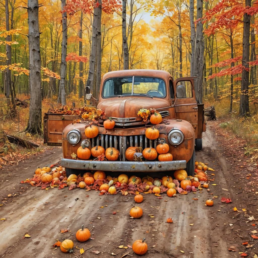 Autumnal Ford Pickup in Forest: Watercolor and Alcohol Ink