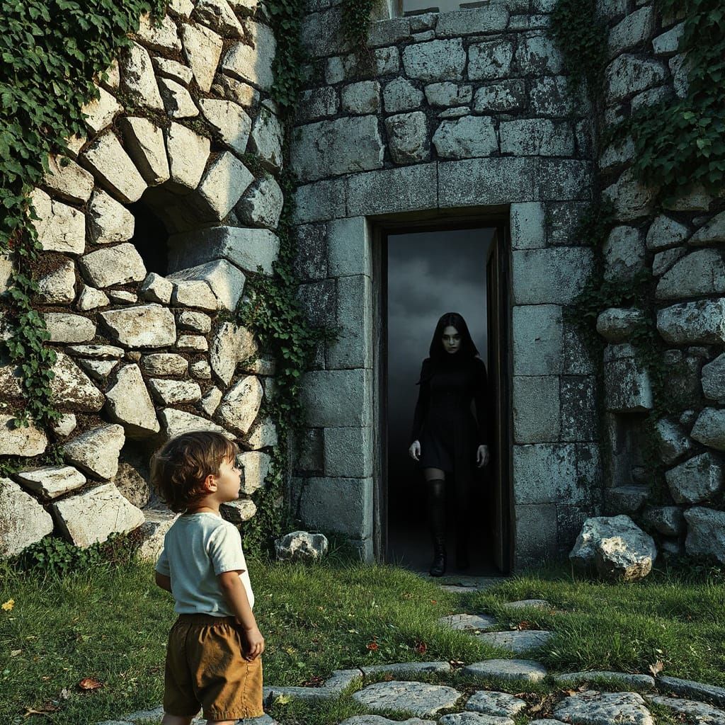 Mysterious Female Figure in Ancient Tower