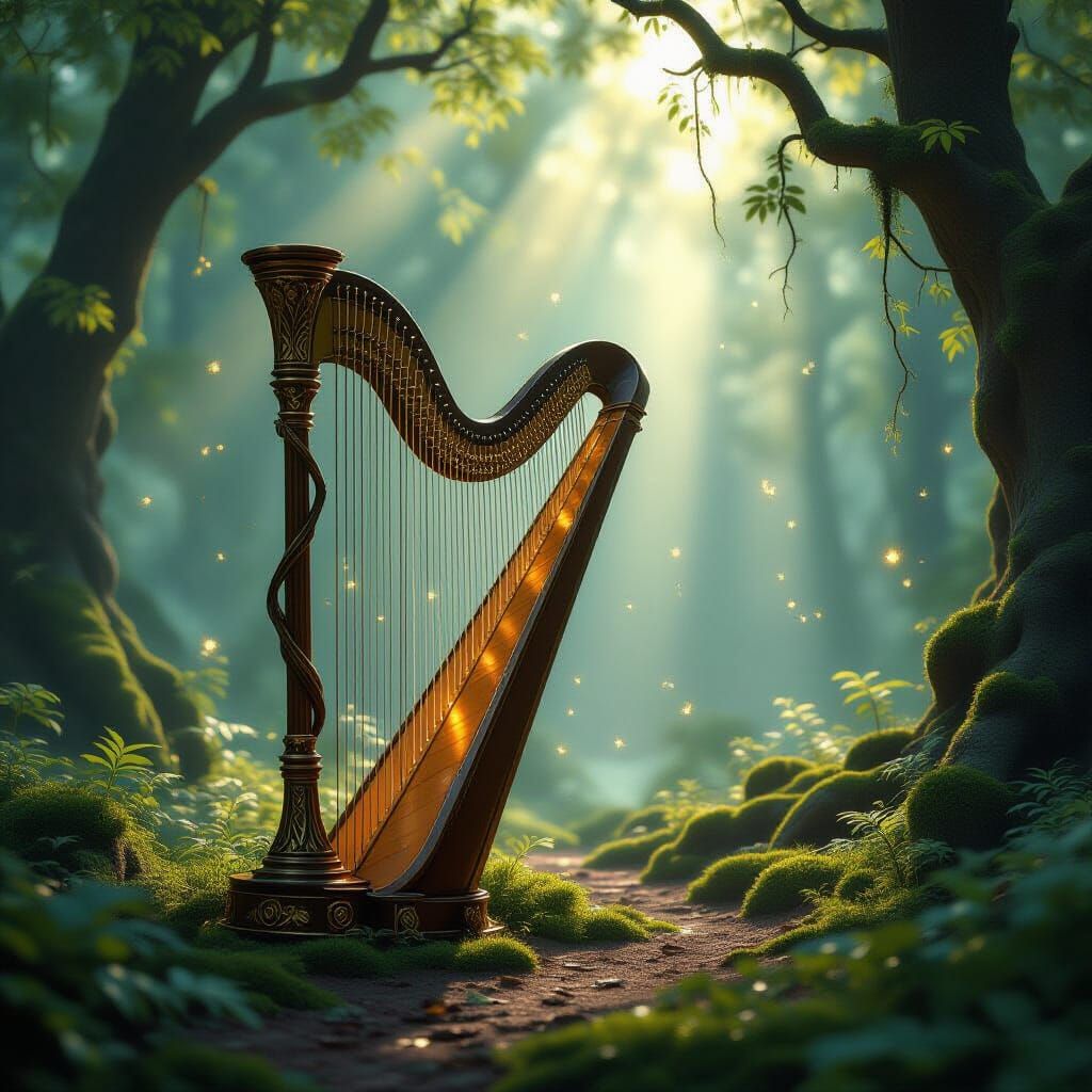 Ancient Forest Harp with Glowing Moss in Misty Sunlight