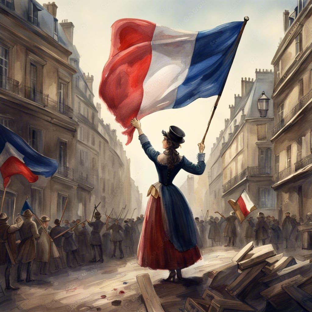 Woman Waving French Flag: Realistic Watercolor Painting