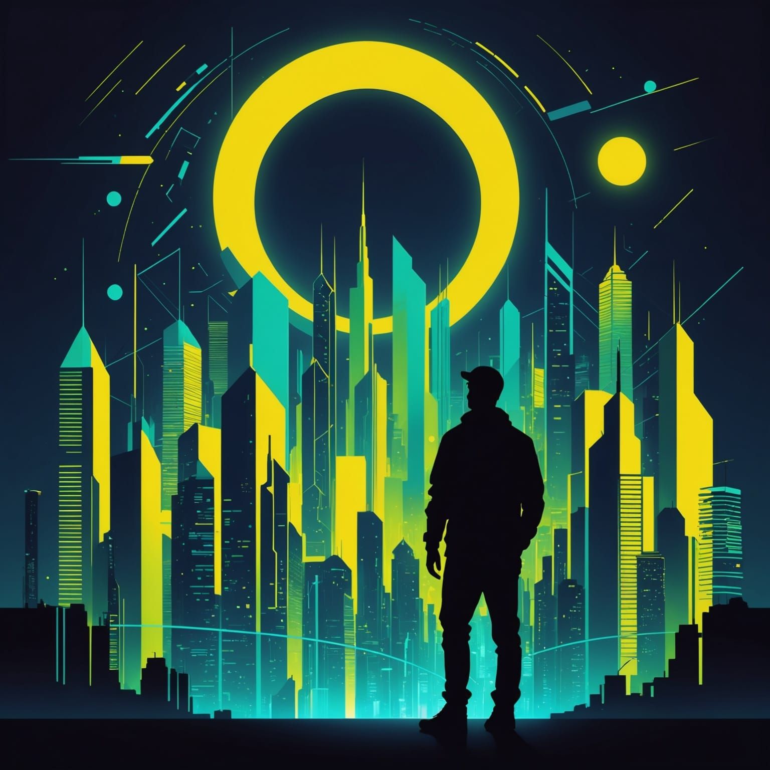 Cyberpunk Cityscape at Night with Neon Lights and Moon