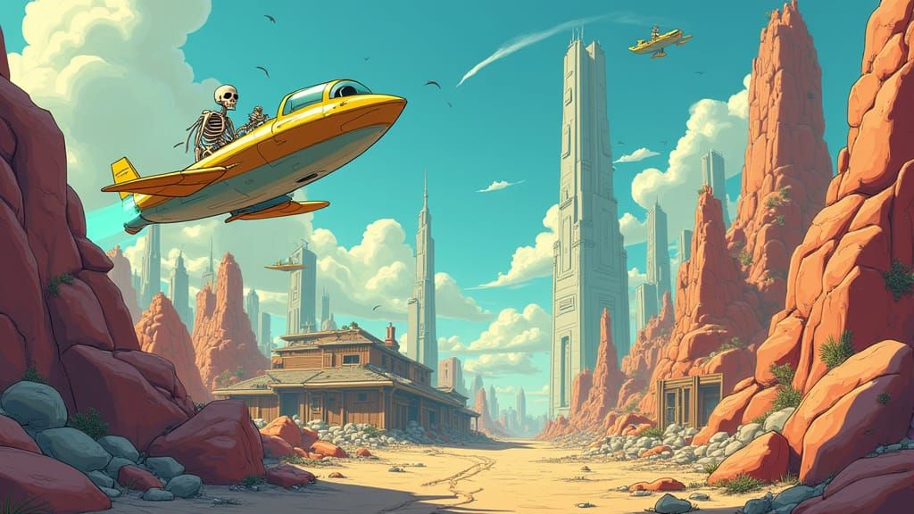 Decaying Jetsons Future World with Crumbling Buildings